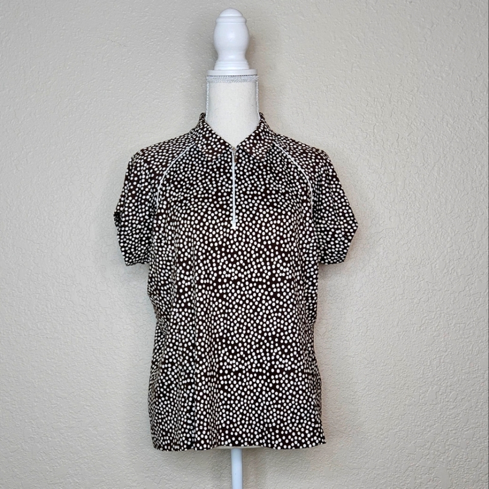 Sport Haley Brown White Polka Dot Pullover Blouse t-shirt V-neck Large vintage